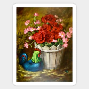 Folk Art Chicken and Flowers Painting Sticker